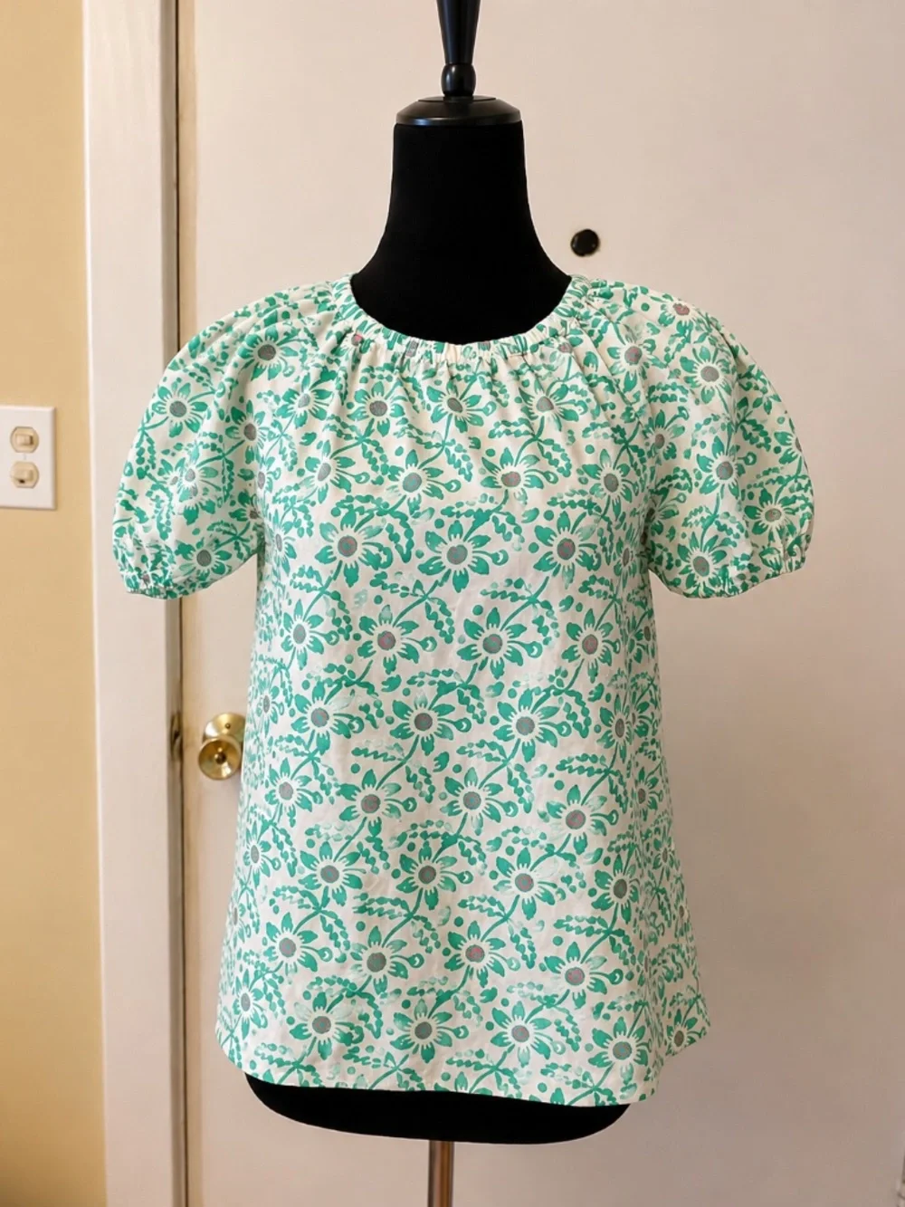 J.Crew Re-Imagined Floral Puff Sleeve Cotton Top Green Ivory
